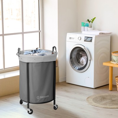 Commercial Heavy Duty Round Rolling Canvas Bin Laundry Hamper on Wheels, Gray