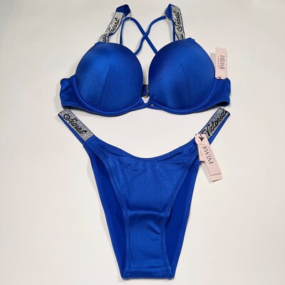Victoria Secret 32C S Bombshell Push Up Top Bikini Set LOGO Shine Strap Blue