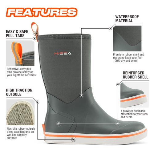 HISEA Men Mid-Calf Deck Boots Waterproof Anti-Slip Fishing Garden Mud Rain Boots