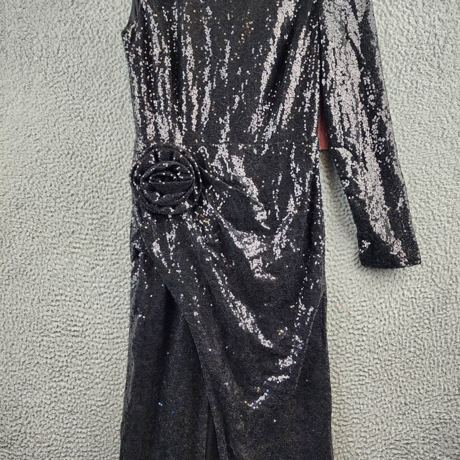 AQUA One Sleeve Sequin Gown Womens 4 Black Round Neck Rosette Detail Zip Closure - Picture 4 of 18