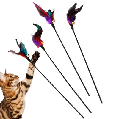4pcs Cat Feather Wands With Bell Refills Pet Kitten Feather Teaser Toys Playing