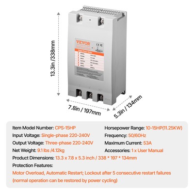 15HP 3 Phase Converter 53A 220V Single to 3 Phase 220V-240V Input/Output