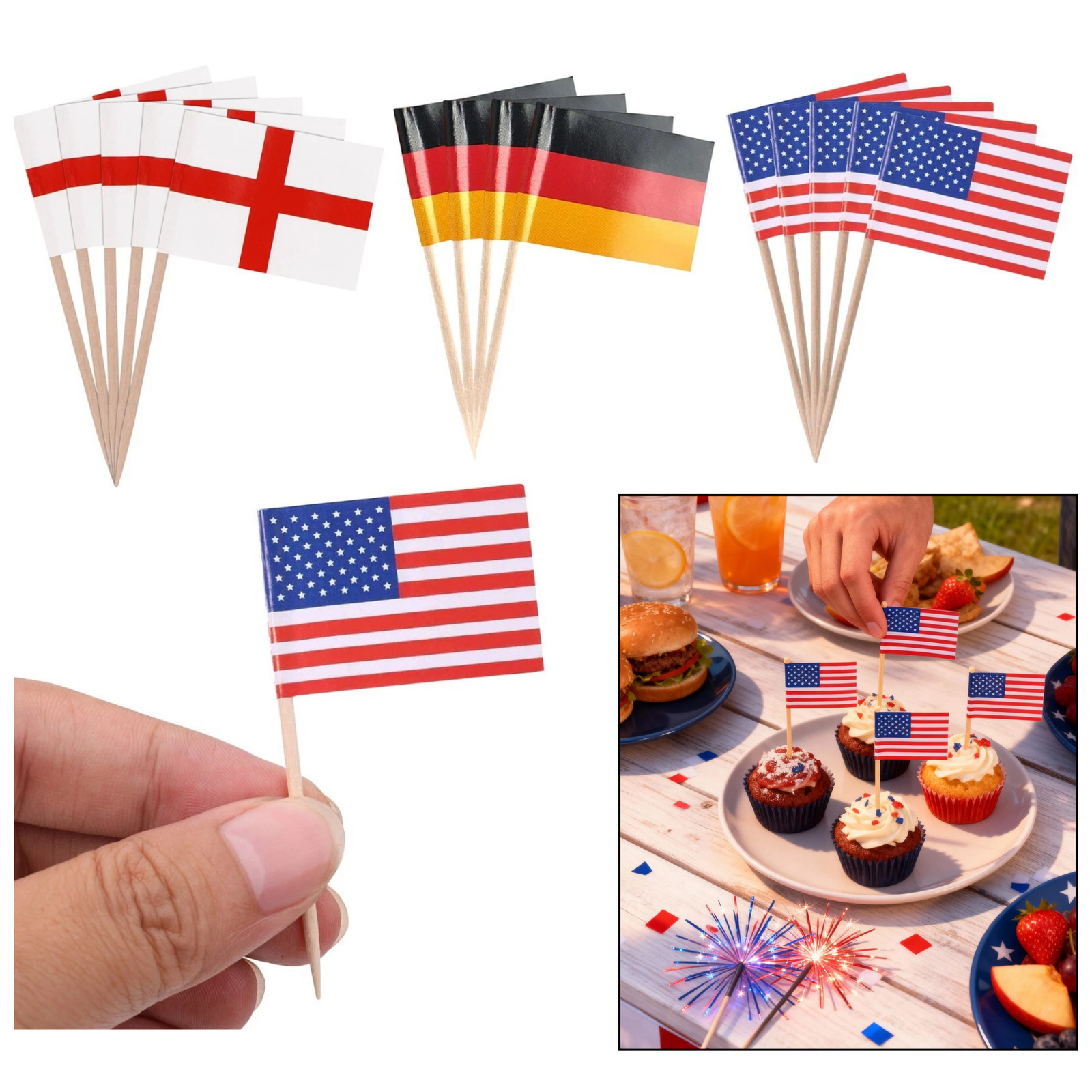 Mini Flag Cocktail Sticks Wooden Toothpicks Party Food Picks Toppers 50–500pcs
