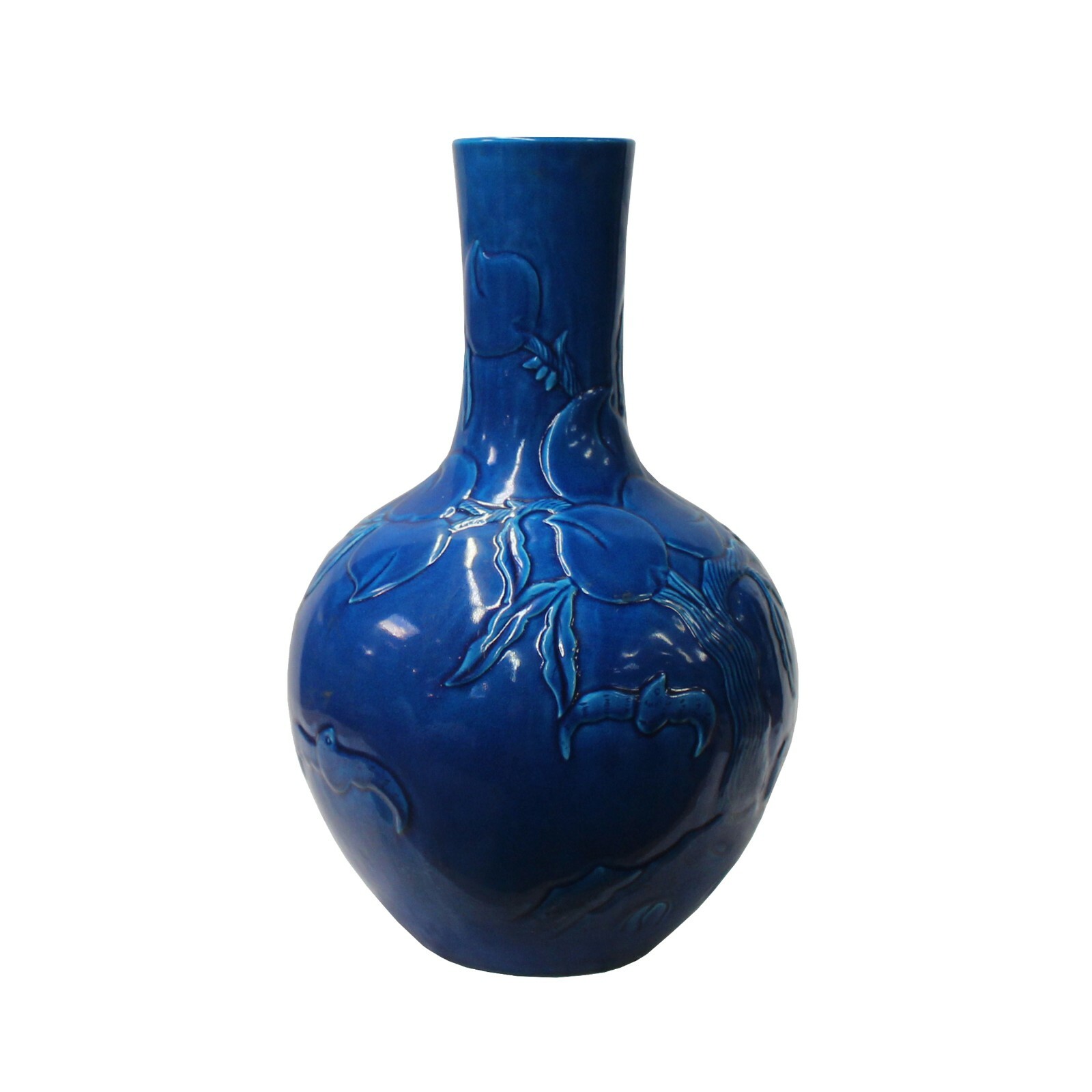 Handmade Ceramic Bright Blue Relief Flower Peach Pattern Vase ws1020S Handmade Ceramic Bright Blue Relief Flower Peach Pattern Vase ws1020S