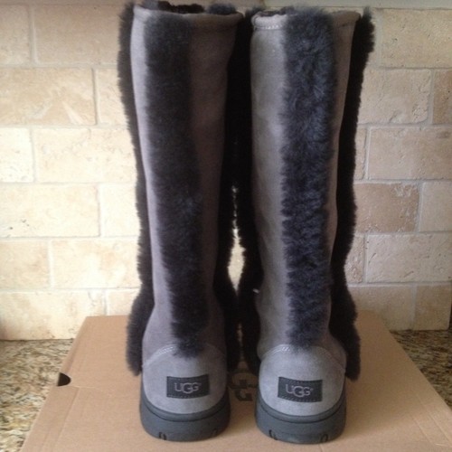Pre-owned Ugg Sunburst Tall Grey Gray Black Suede Sheepskin Boots Size Us 11 Women In Grey / Black