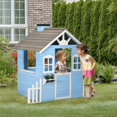 Wooden Playhouse for Kids Outdoor with Flower Pot Holders, Blue