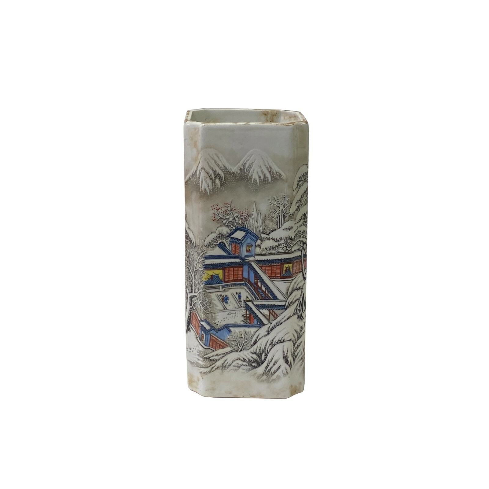 Chinese Off White Porcelain Snow Scenery Square Shape Vase ws2085S Chinese Off White Porcelain Snow Scenery Square Shape Vase ws2085S
