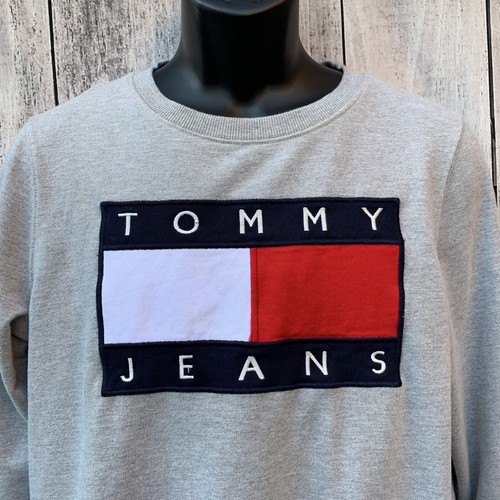 Tommy Jeans Hilfiger BIG Patch Flag Logo Womens Medium Grey Crewneck Sweatshirt