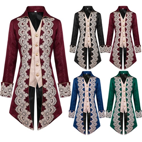 Mens Medieval Tailcoat Jacket Embroidery Vintage Gothic Steampunk Tuxedo Costume