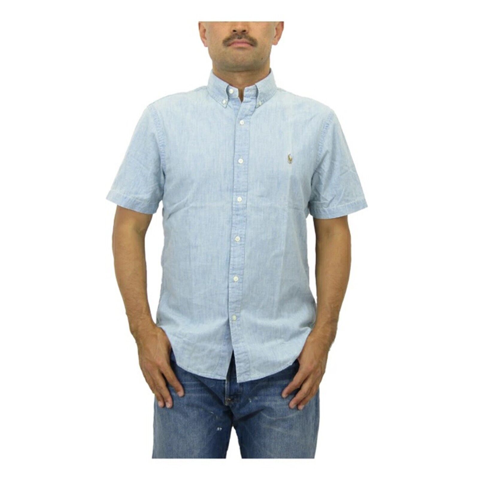 Рубашка узкого кроя из шамбре на пуговицах с короткими рукавами Polo Ralph Lauren — Fade Blue