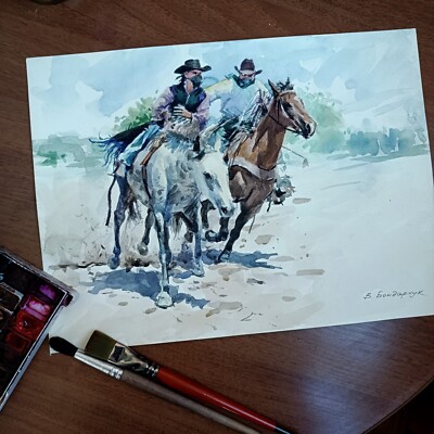 Watercolor painting of cowboy art. Minimalist illustration