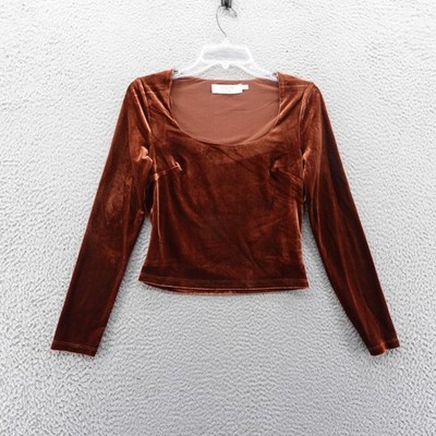 ASTR The Label Velvet Scoop Neck Long Sleeve Crop Top Brown Small NEW