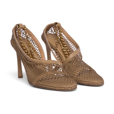 Pre-owned Bottega Veneta Chain-trimmed Mesh Sandals In Beige,gold