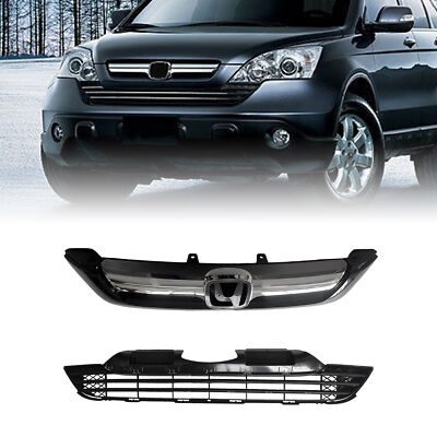 Front Upper & Lower Chrome Bumper Grille Fits 2007 2008 2009 Honda CRV CR-V