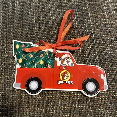 Buc-ees Beaver Ornament Red Pick Up Truck w/ Christmas Tree Ceramic w/ Tag