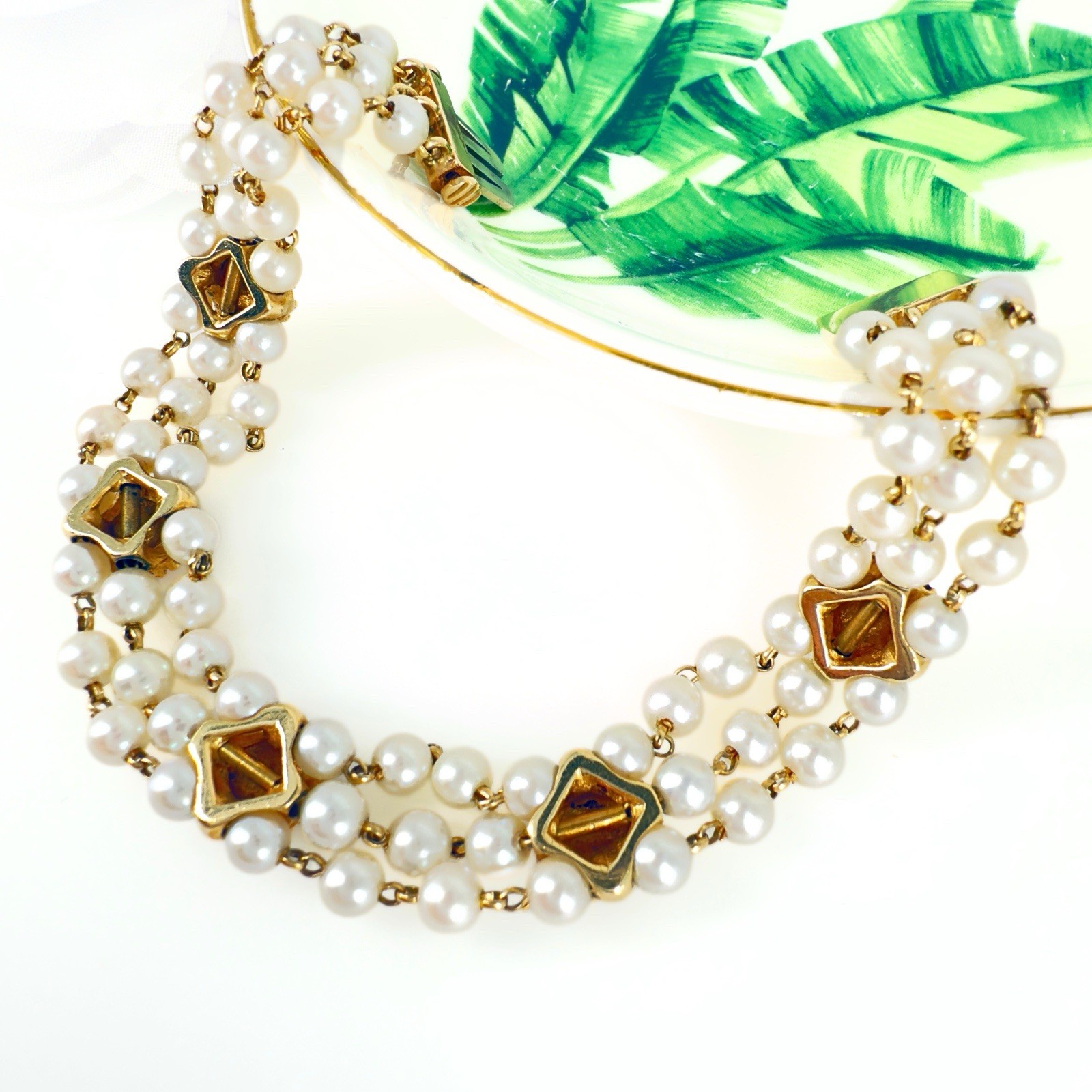 14k Gold Vintage Akoya Pearl 3-Row Bracelet & Garnet Slide Bracelet Charms - Picture 9 of 10