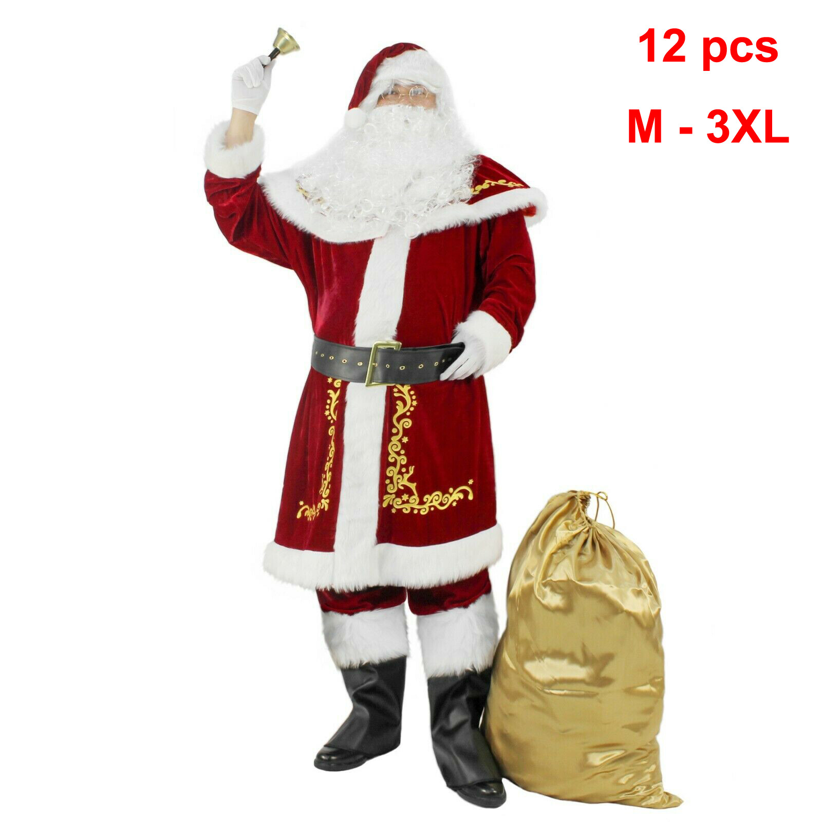 Men's Deluxe Santa Suit 12PC. Christmas Adult Santa Claus Costume