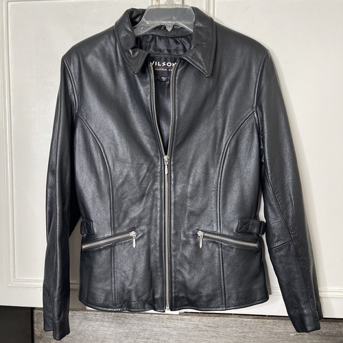 Wilsons Leather Jacket Womens M Black Full Zip Maxima Motorcycle Biker Vintage