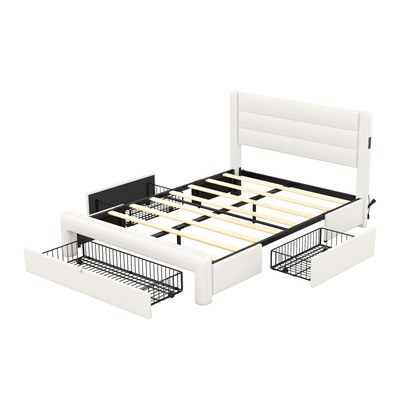 Queen Size Bed Frame with Drawers, Leather Platform with Charging Station