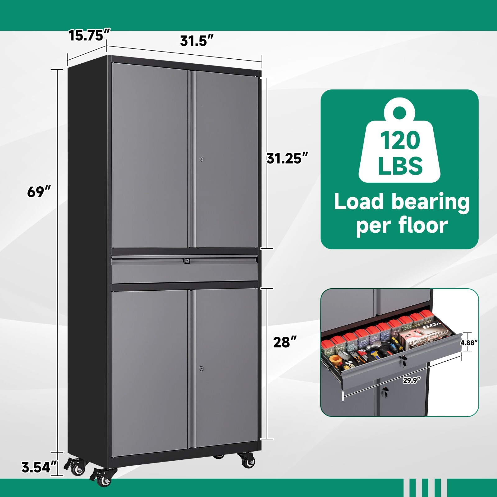 Metal Storage Cabinet with 4 Doors and Drawer,Rolling Garage Cabinet on Wheels