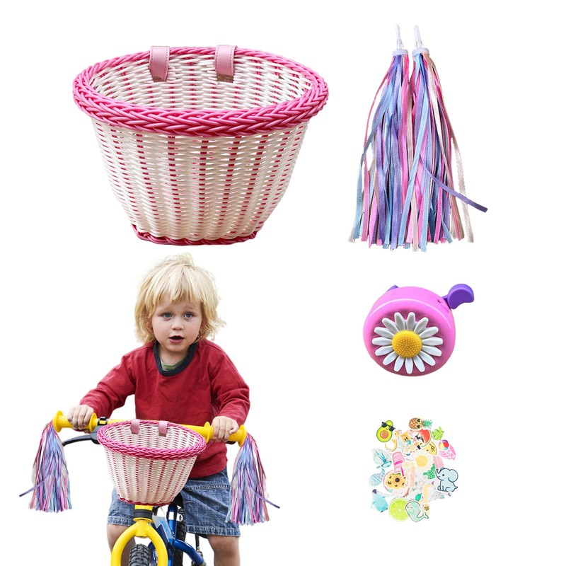 1 Set Children's Bicycle Basket Strap Set Front Basket Car Hanging Basket Pink