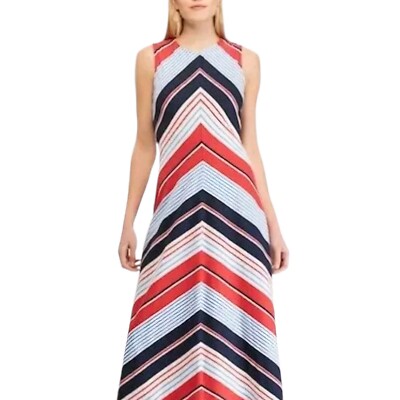 Ralph Lauren Chaps Maxi Dress L Large Red White Blue Nautical Chevron Sleeveless
