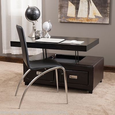 Living Room Brown Leather Wood Top Convertible Coffee Table Ottoman w Drawers