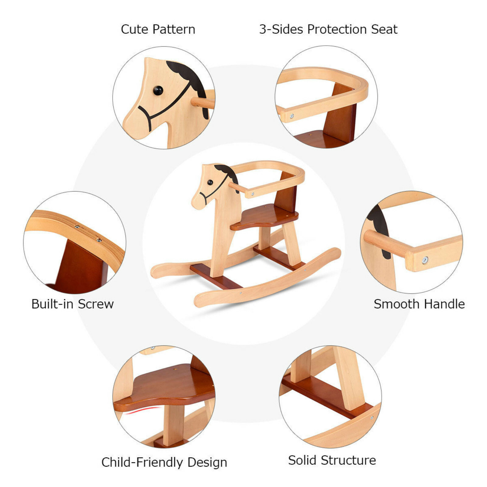 Gymax New Baby Kids Toy Wooden Rocking Horse Animal Rider Chair Bar Security