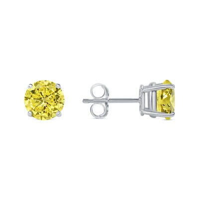 Pre-owned Shine Brite With A Diamond 2 Ct Round Cut Canary Earrings Studs Solid Real 14k White Gold Push Back Basket In White/colorless