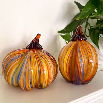 2 Art Glass Pumpkins by Two's Company Fall Halloween Autumn Thanksgiving Decor