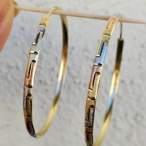 Pre-owned Rosegold Big Real 14k Yellow White Rose Gold Round Greek Key Hoop Earrings 2.25 Inch Long