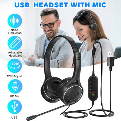 Adjustable USB Wired Headset Stereo Headphones with Mic for PC Laptop Chat Call