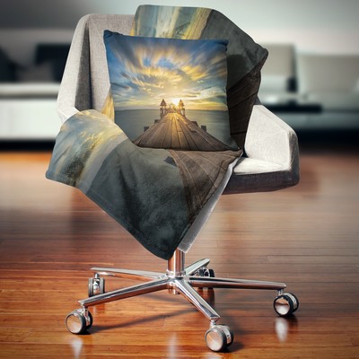 Designart 'Wooden Bridge under Dramatic Sky' Pier Seascape Gold 71 in. x 59 in.
