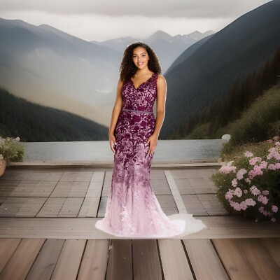 Montage by Mon Cheri 122903 Ombre Embroidered Long Dress Authentic Wine Ombré