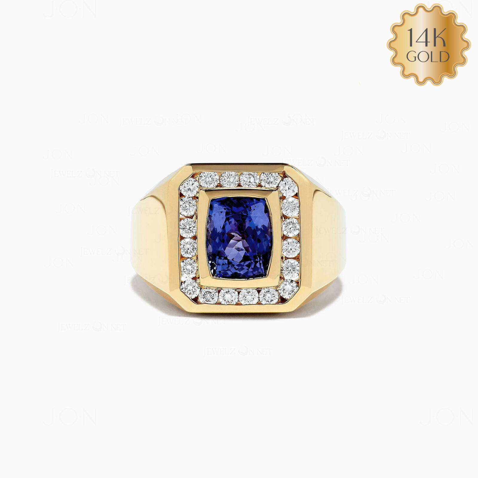 14K Gold Natural Diamond And Blue Sapphire Gemstone Signet Ring-Perfect Gift