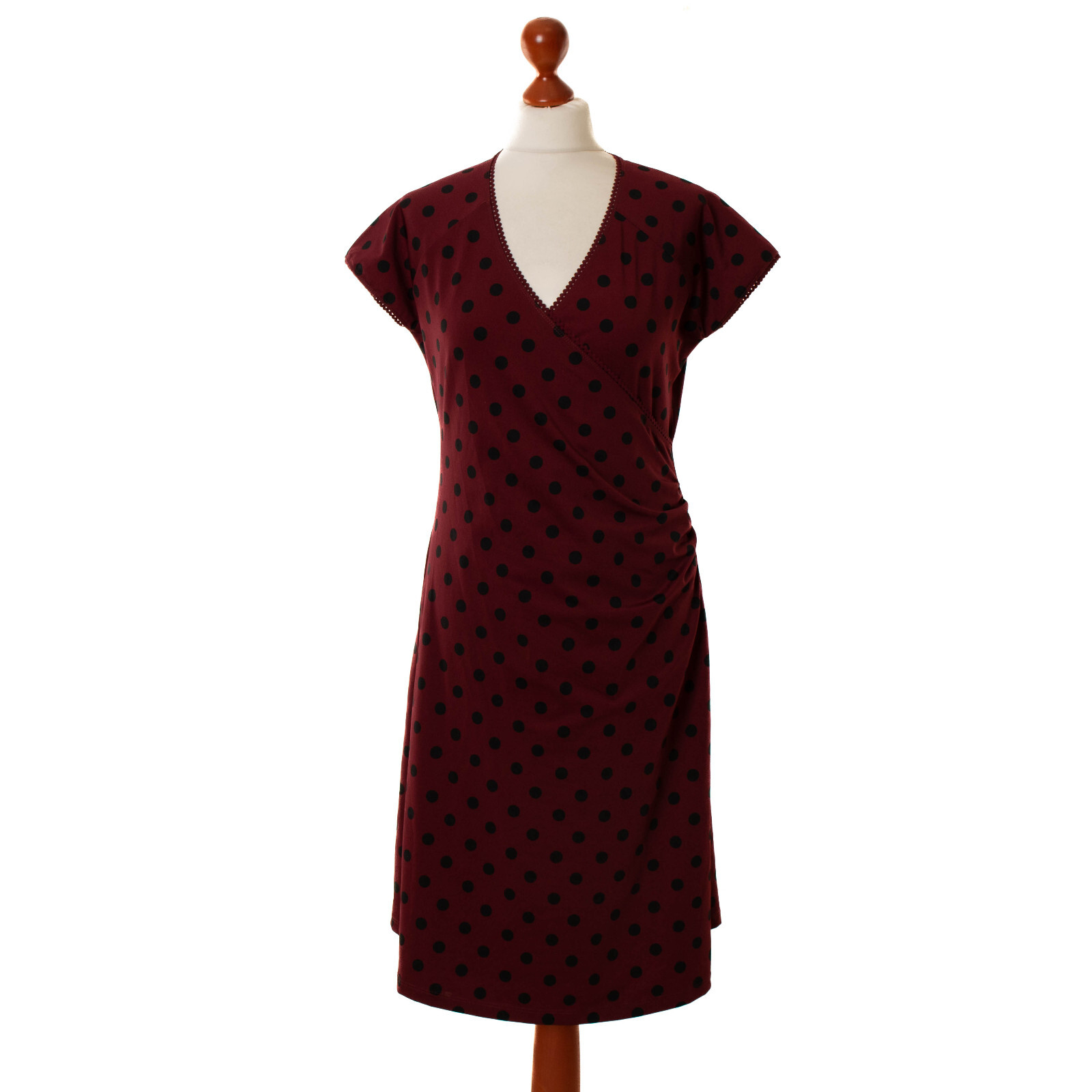 KING LOUIE Damen Burgund Kurzarm Micro Polyester Gepunktet Kleid Gr. L  11378
