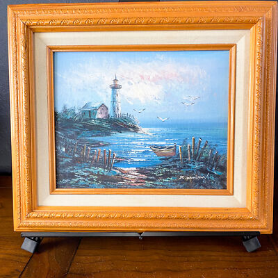 Vintage Framed Seascape Lighthouse Nautical Art Painting Coastal Everett Woodson