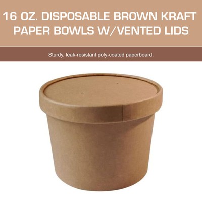16 oz. Disposable Kraft Paper Soup Containers with Kraft Vented Lids