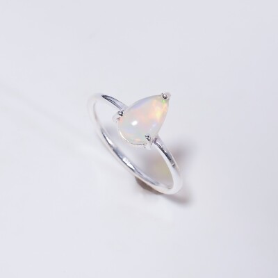 Ethiopian Opal Gemstone Signet Ethnic White Ring Size  925 Silver