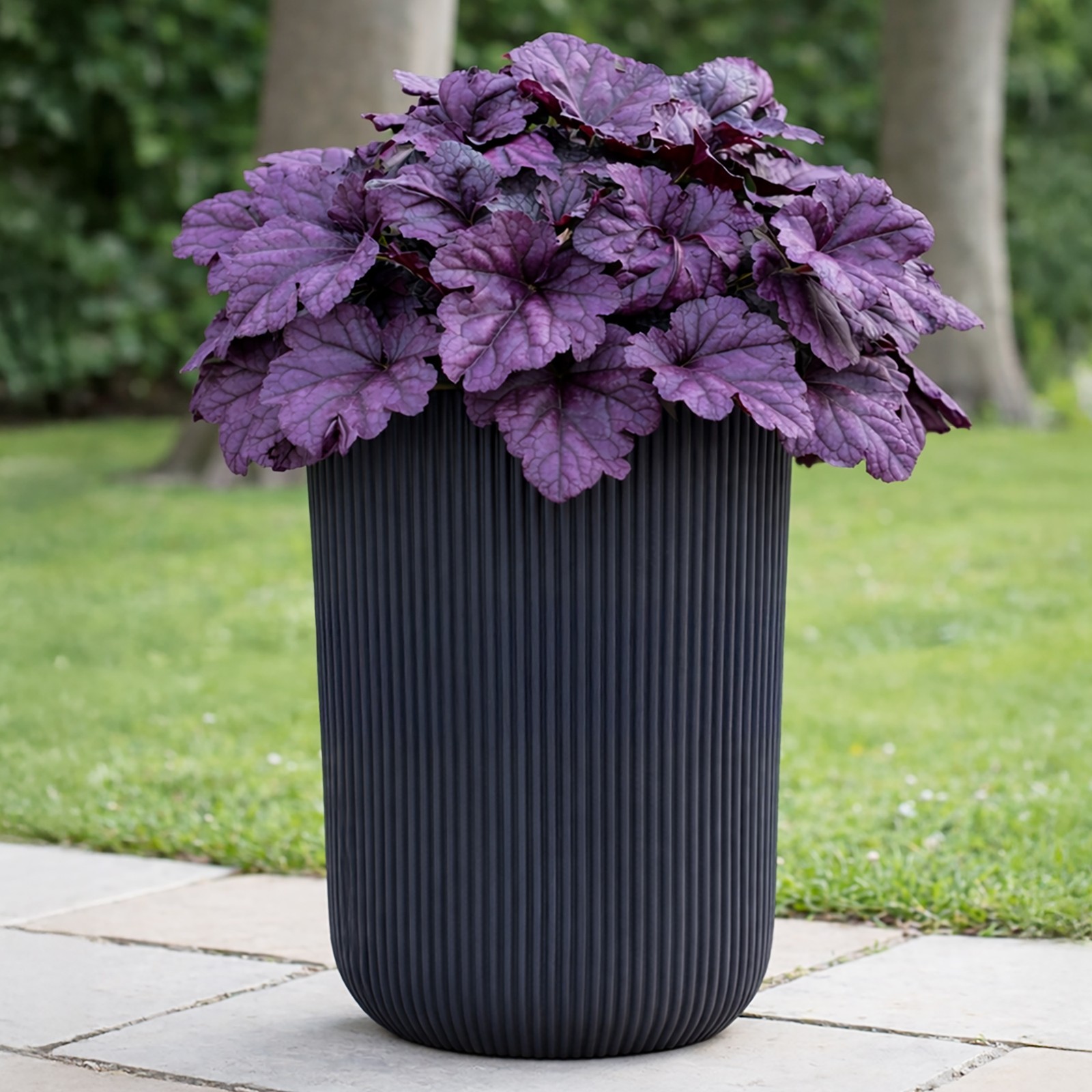 Garden Planters IDEALIST Ribbed Black Stone Outdoor Plant Pots with Drainage