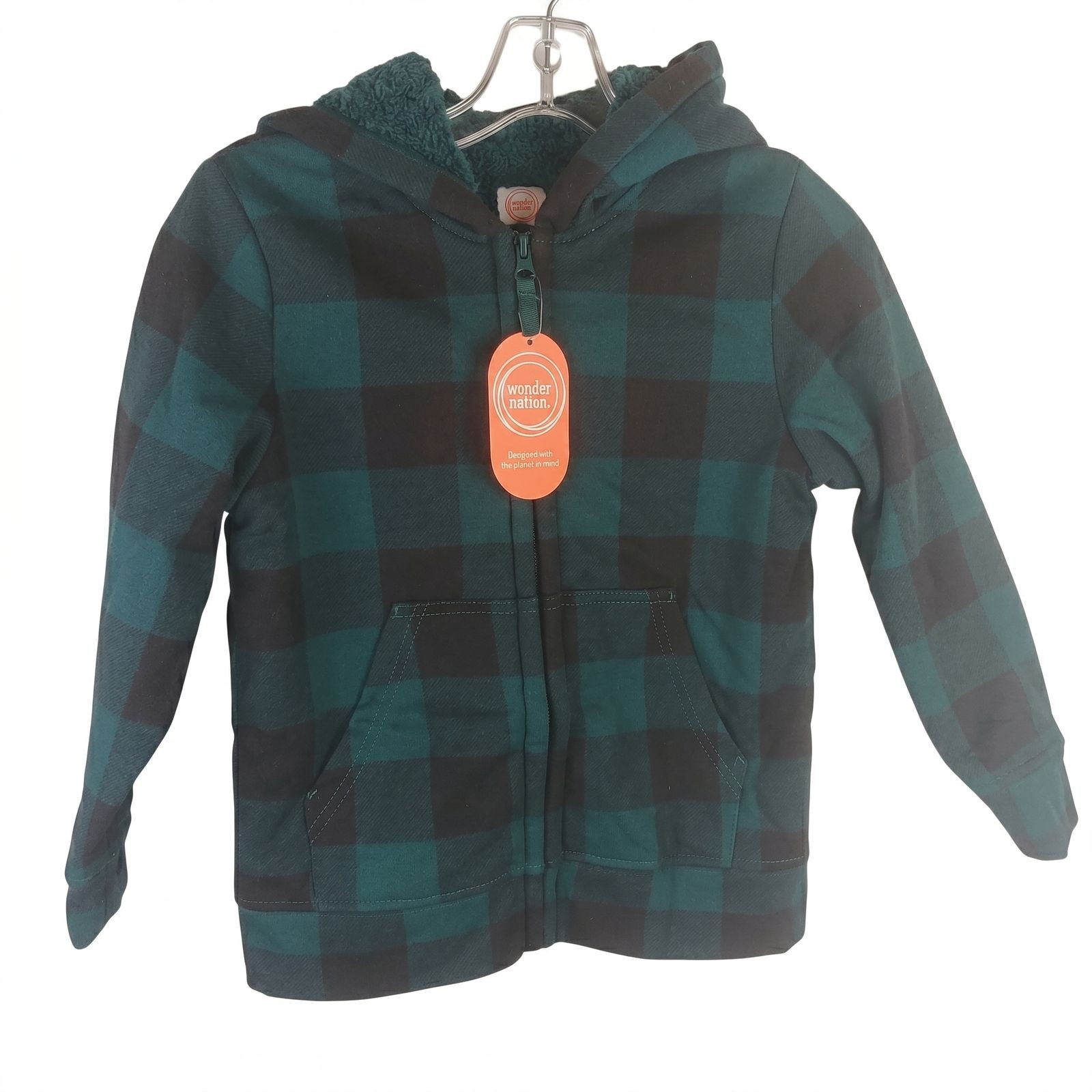 Boys Wonder Nation Fleece Green Plaid Hooded Zip Up Jacket Size M   (8)
