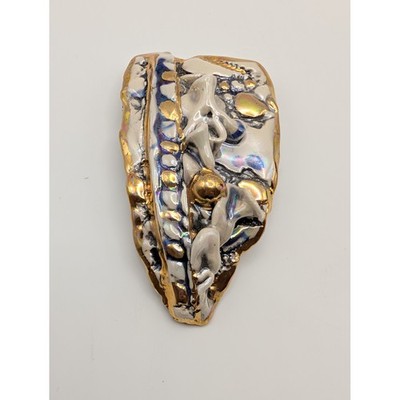Vintage 80s Studio Ceramic Brooch Iridescent Lustre Gold White Sculptural Art