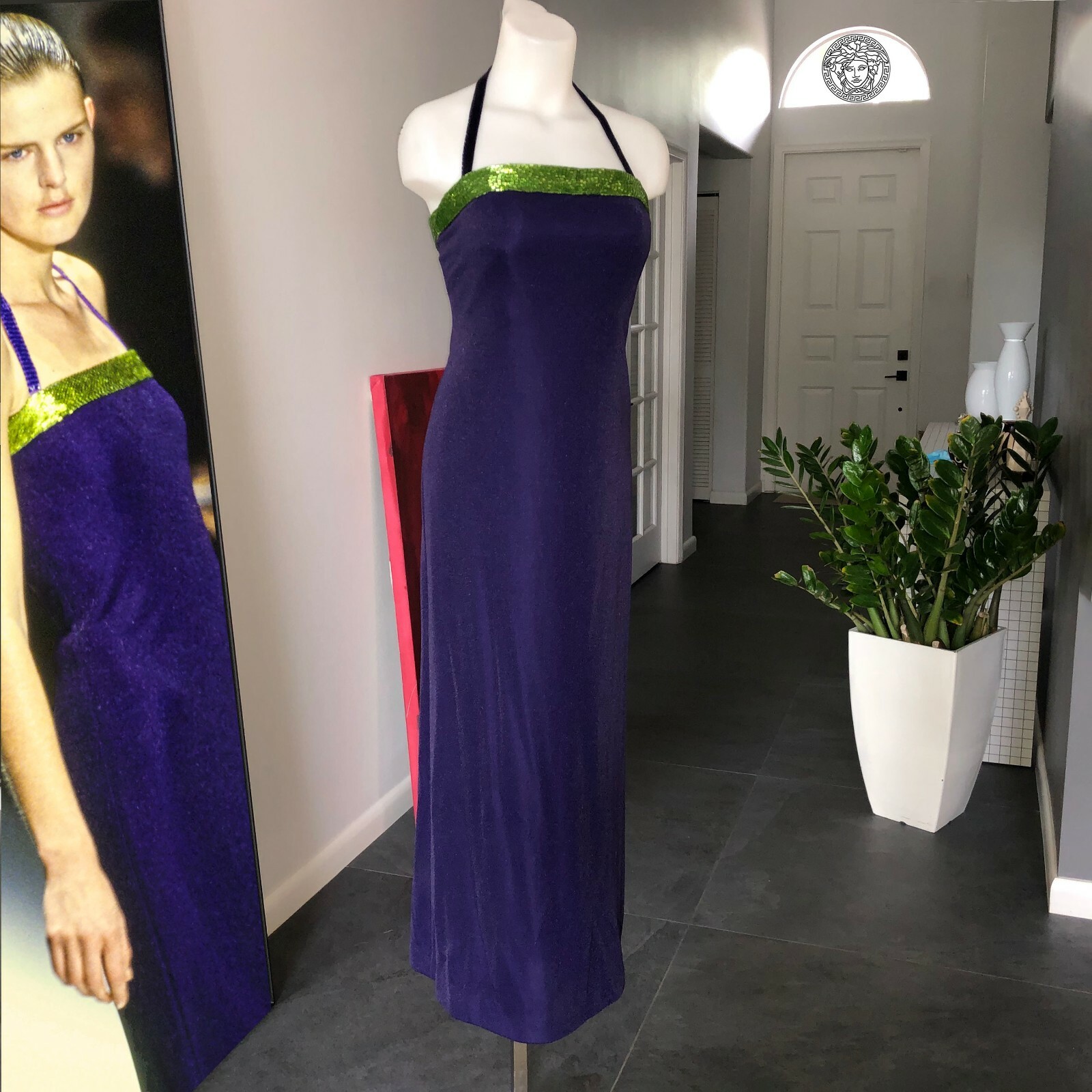 GIANNI VERSACE evening gown purple sparkle w/ green bead