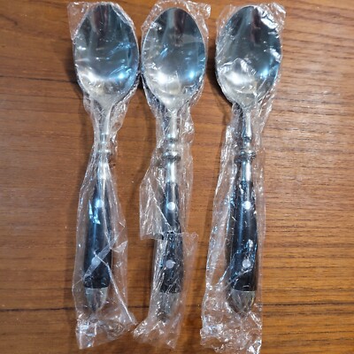 Set Of 3 Hampton Forge Bistro Black Soup Spoons Stainless Unused Flatware