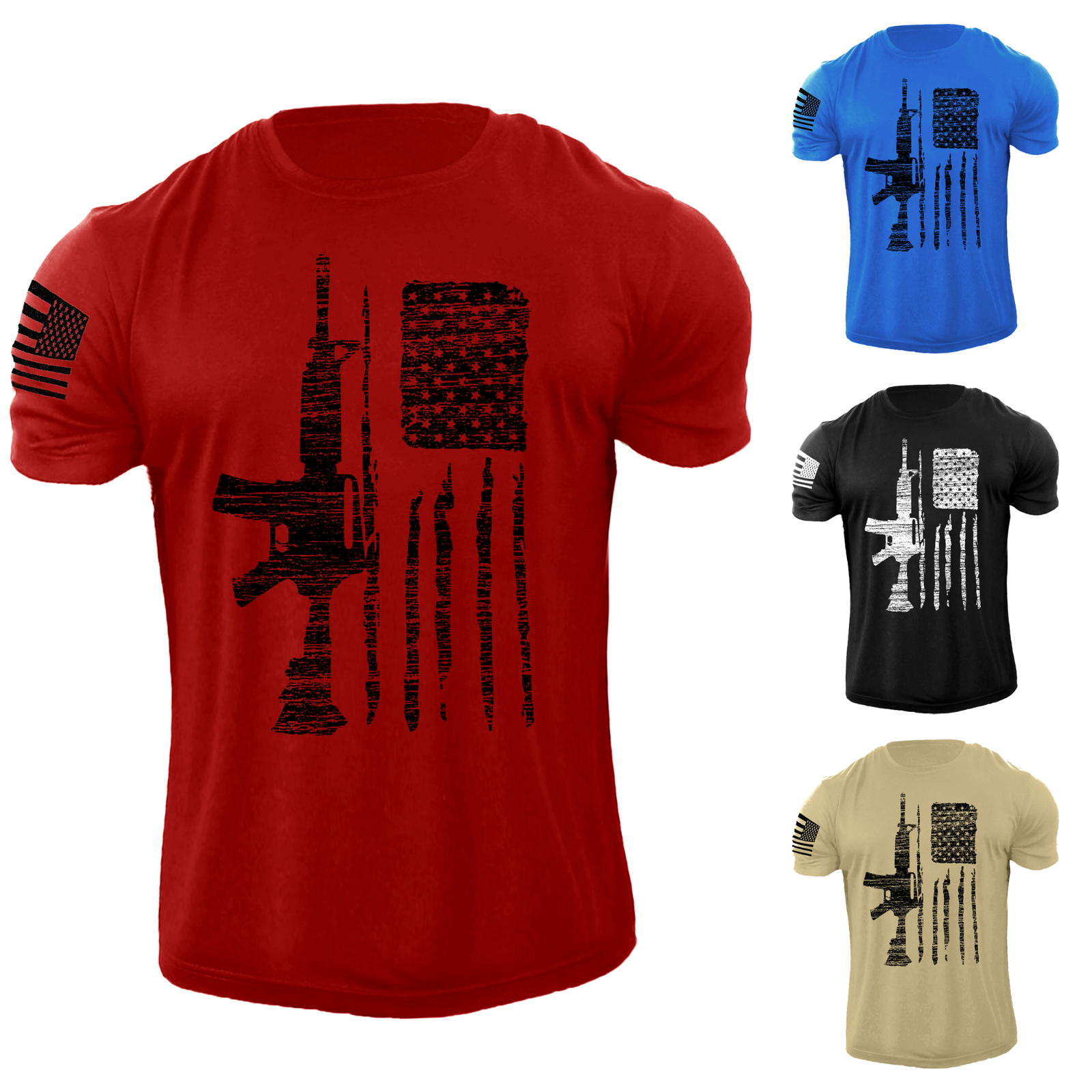 Men's USA GUN Flag T Shirt American Patriotic 100% Cotton Distressed Tee