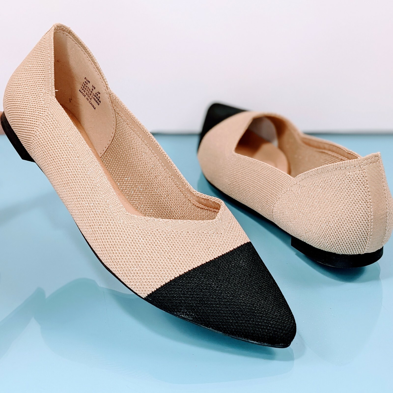beige black cap toe flats