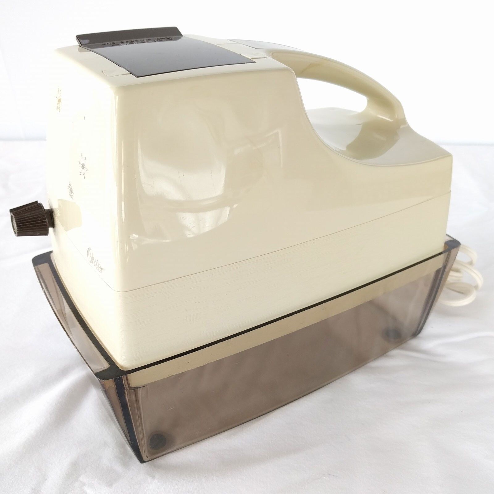 Vintage Oster SNOFLAKE 564A Ice Flaker Crusher Almond w/ Clear Brown Lucite Tray