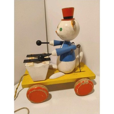Vintage Drummer Cat Toy Pull Along Plays Drums As You Pull Wooden Toy V