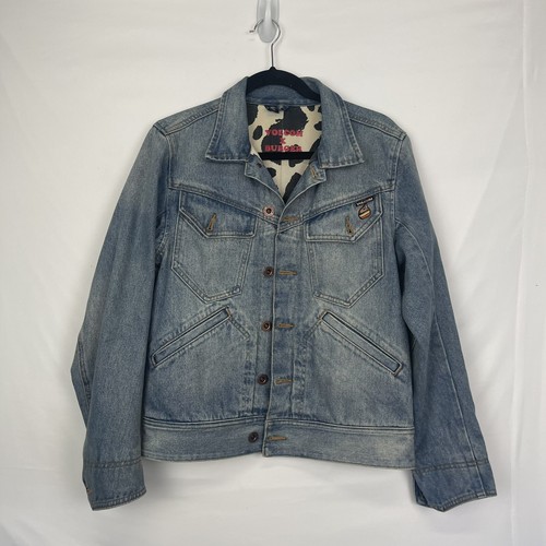 Volcom X Burger Records Cow Print Denim Jean Jacket Size Small S Women’s