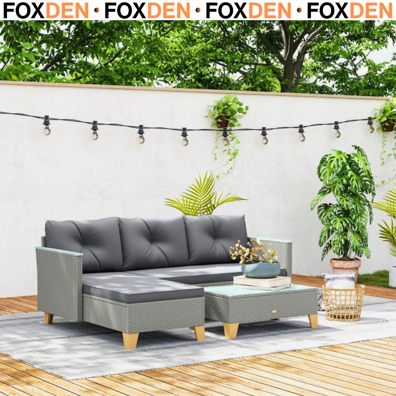 3 Pieces Rattan Garden Furniture Set L Shaped Garden Conversation Chaise Lounge